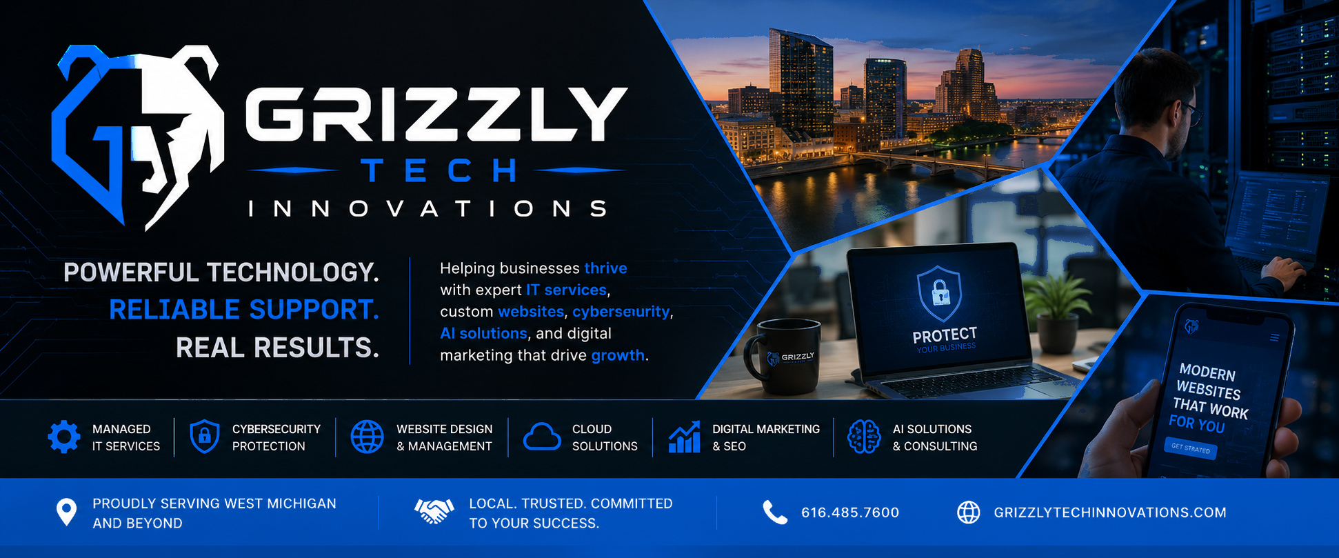 Neon blue and white Grizzly Tech Innovations logo with a stylized grizzly head, circuit background, and the phone number 616.485.7600.