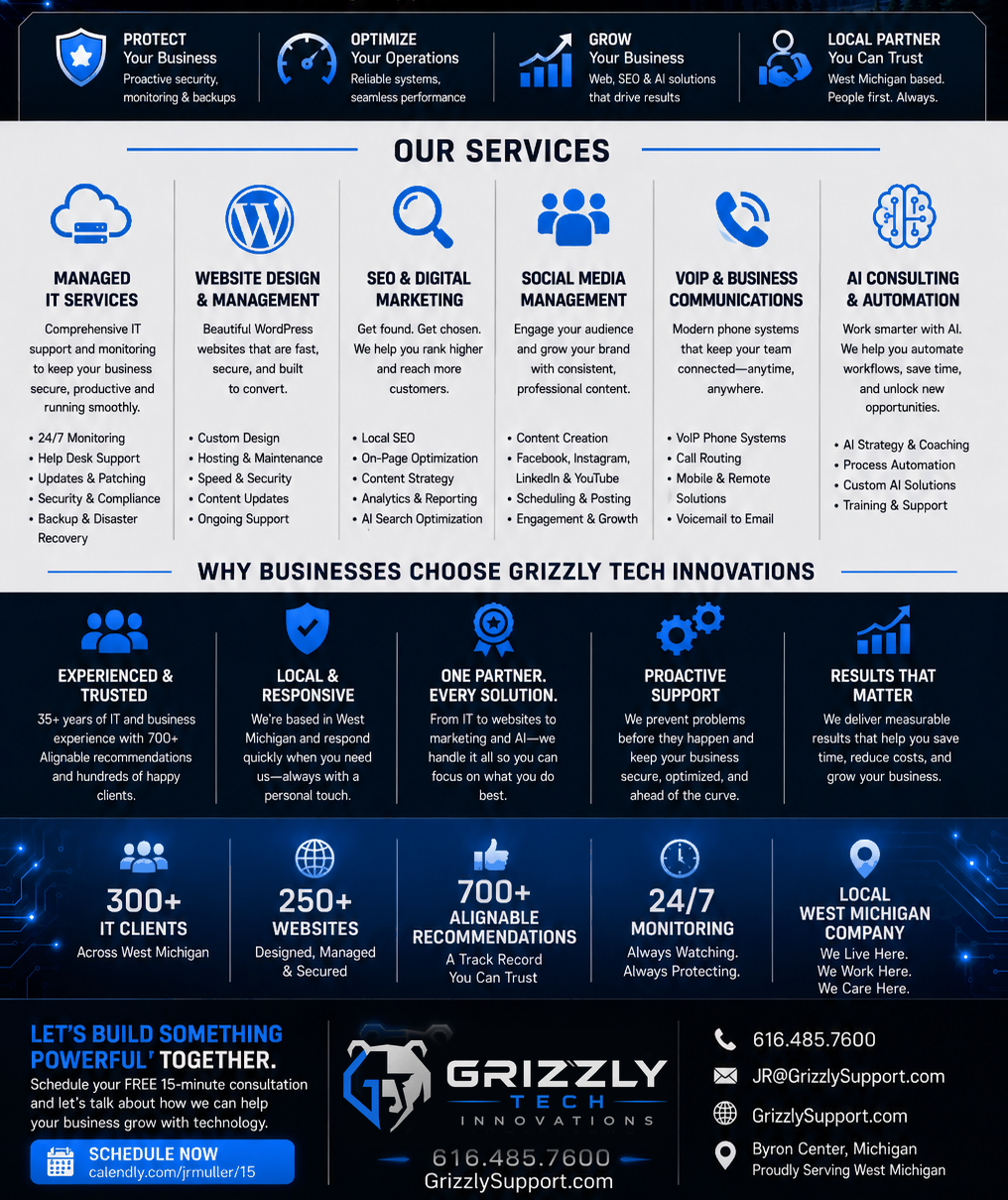 Infographic banner for Grizzly Tech Innovations featuring logo, blue neon graphics, and contact number 616.485.7600; bold tagline on right side and mountain image in background.