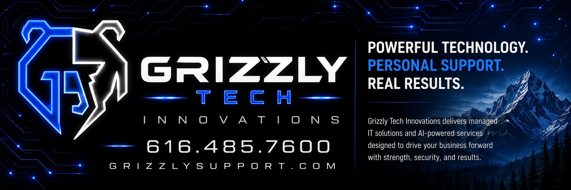 Neon blue and white Grizzly Tech Innovations logo with a stylized grizzly head, circuit background, and the phone number 616.485.7600.