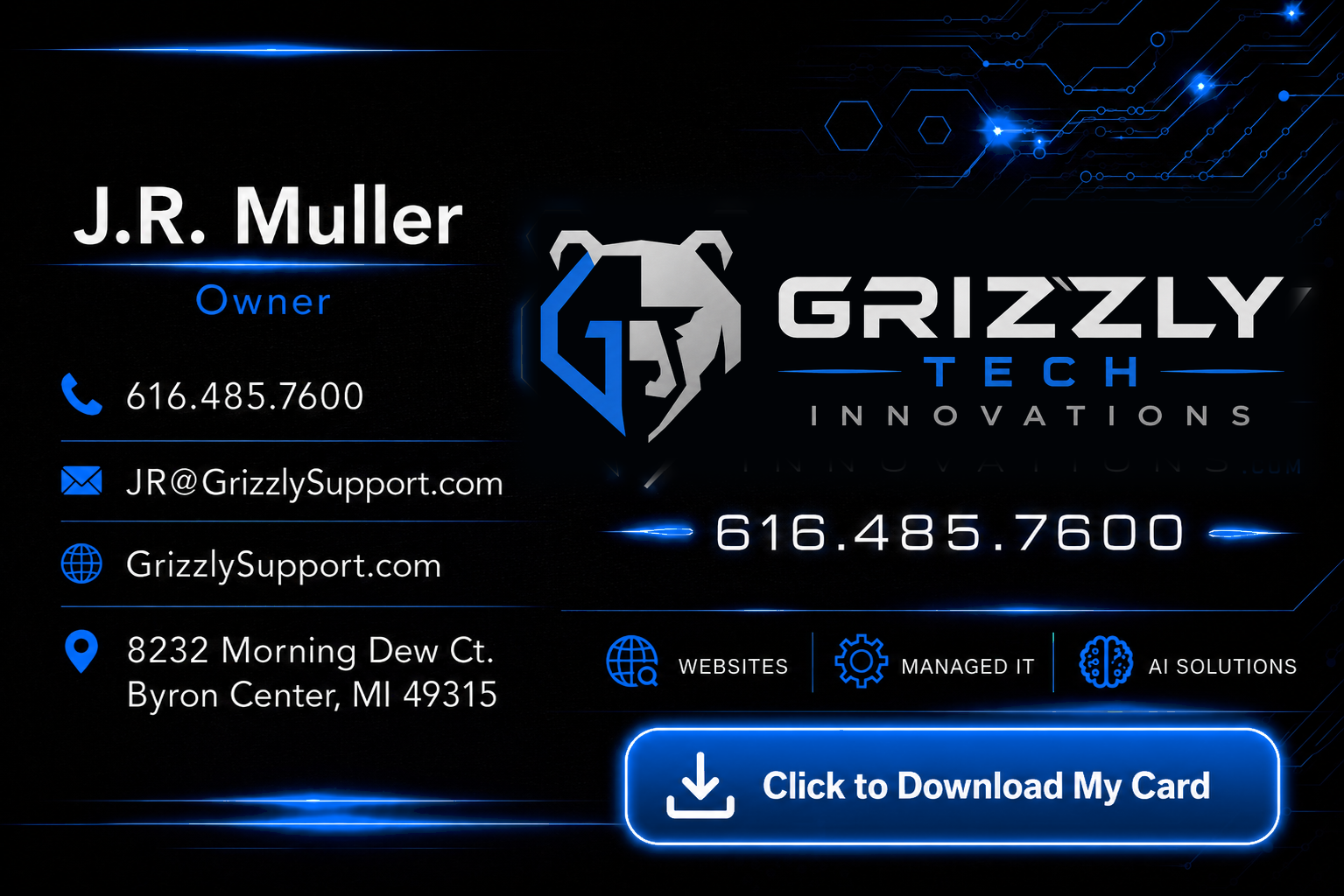 Digital business card for J.R. Muller, owner of Grizzly Tech Innovations, with contact details and logoography in a blue neon theme.